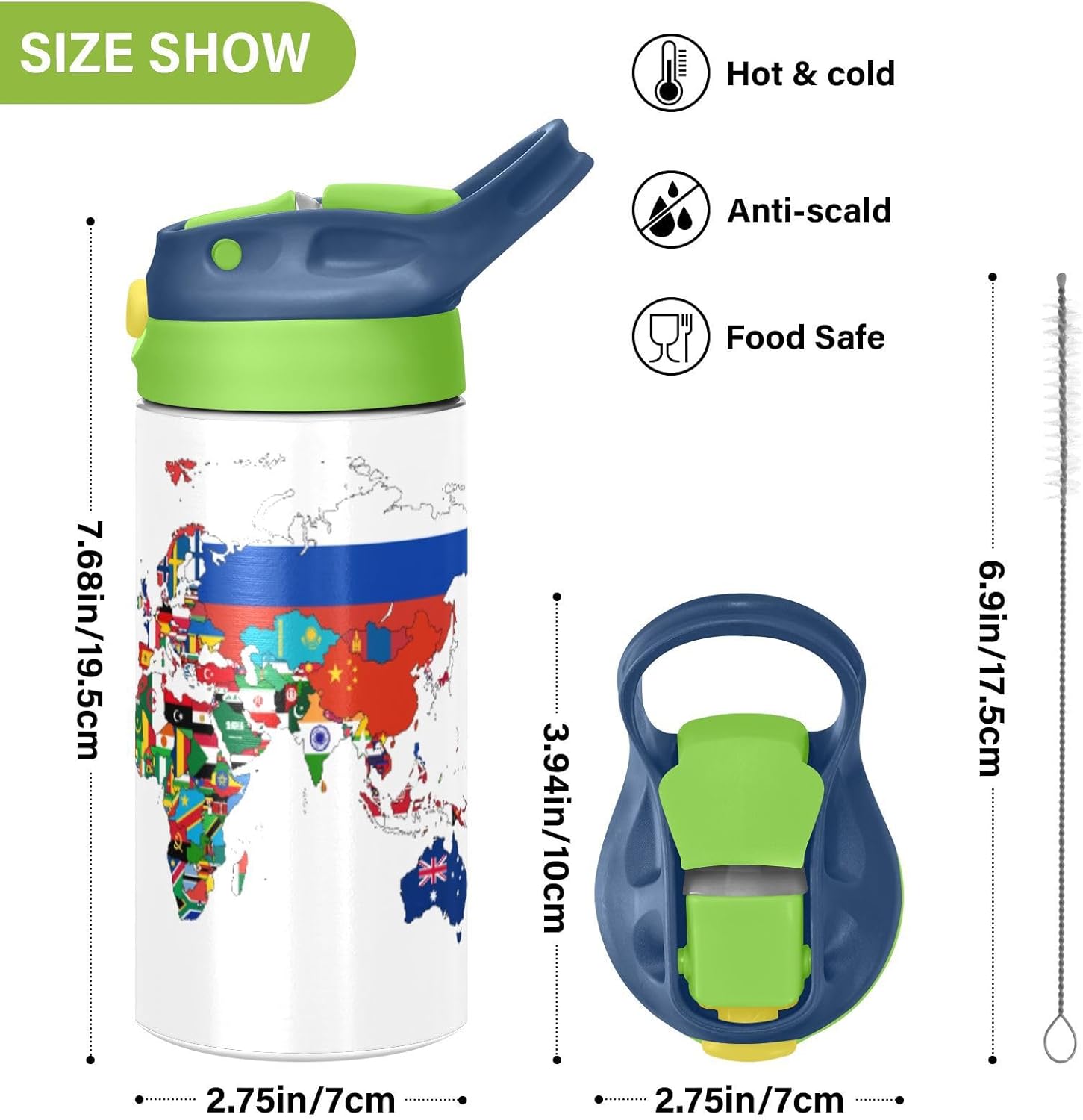 Bolaz 350ml/12oz Kids Stainless Steel Insulated Water Bottle with Straw Stainless Steel Reusable Tumbler National Flag World Map for School