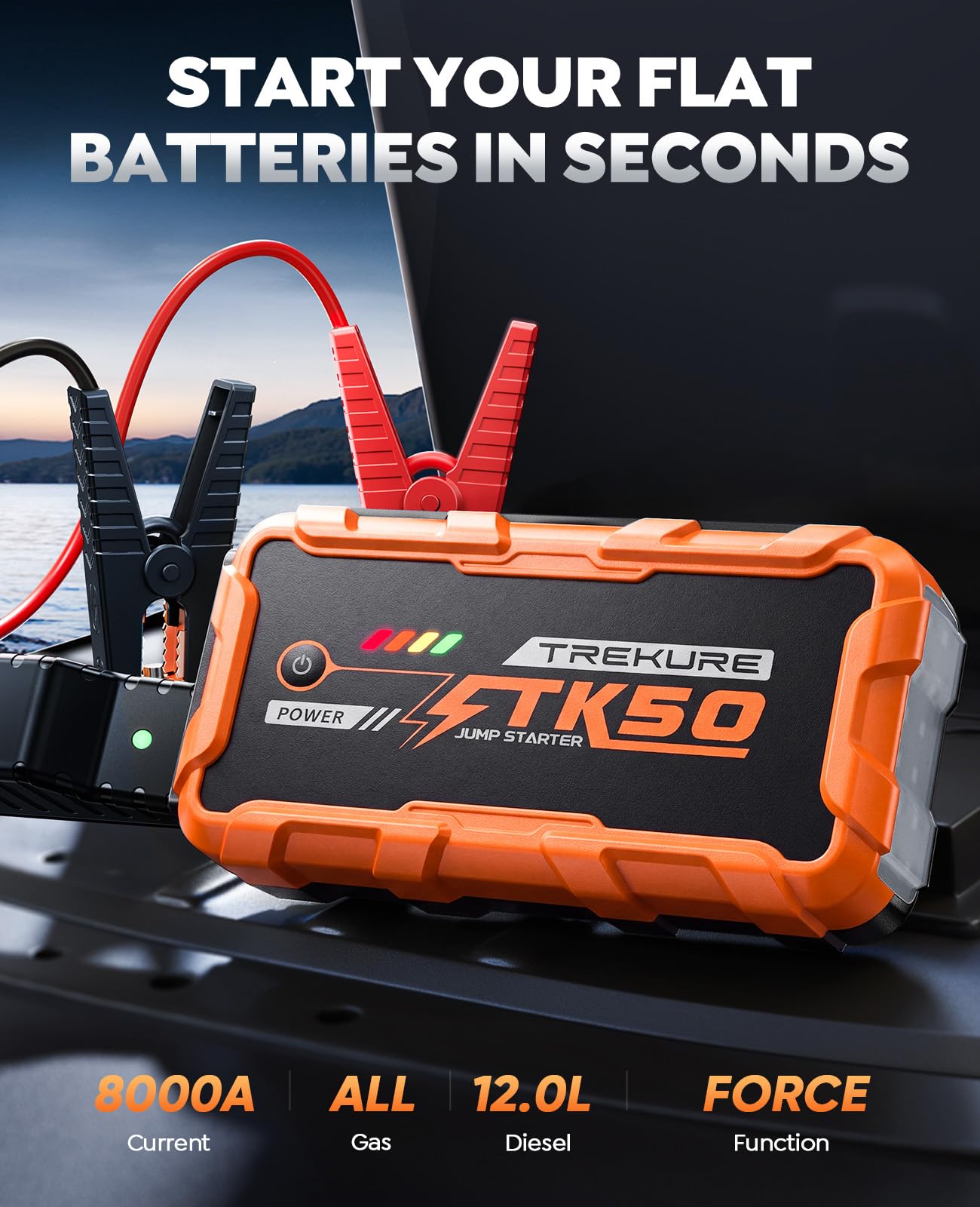 TREKURE Portable Car Jump Starter 8000A 26800mAh, Car Battery Jump Starter for All Gas and 12L Diesel Engines, Battery Jumper view 2