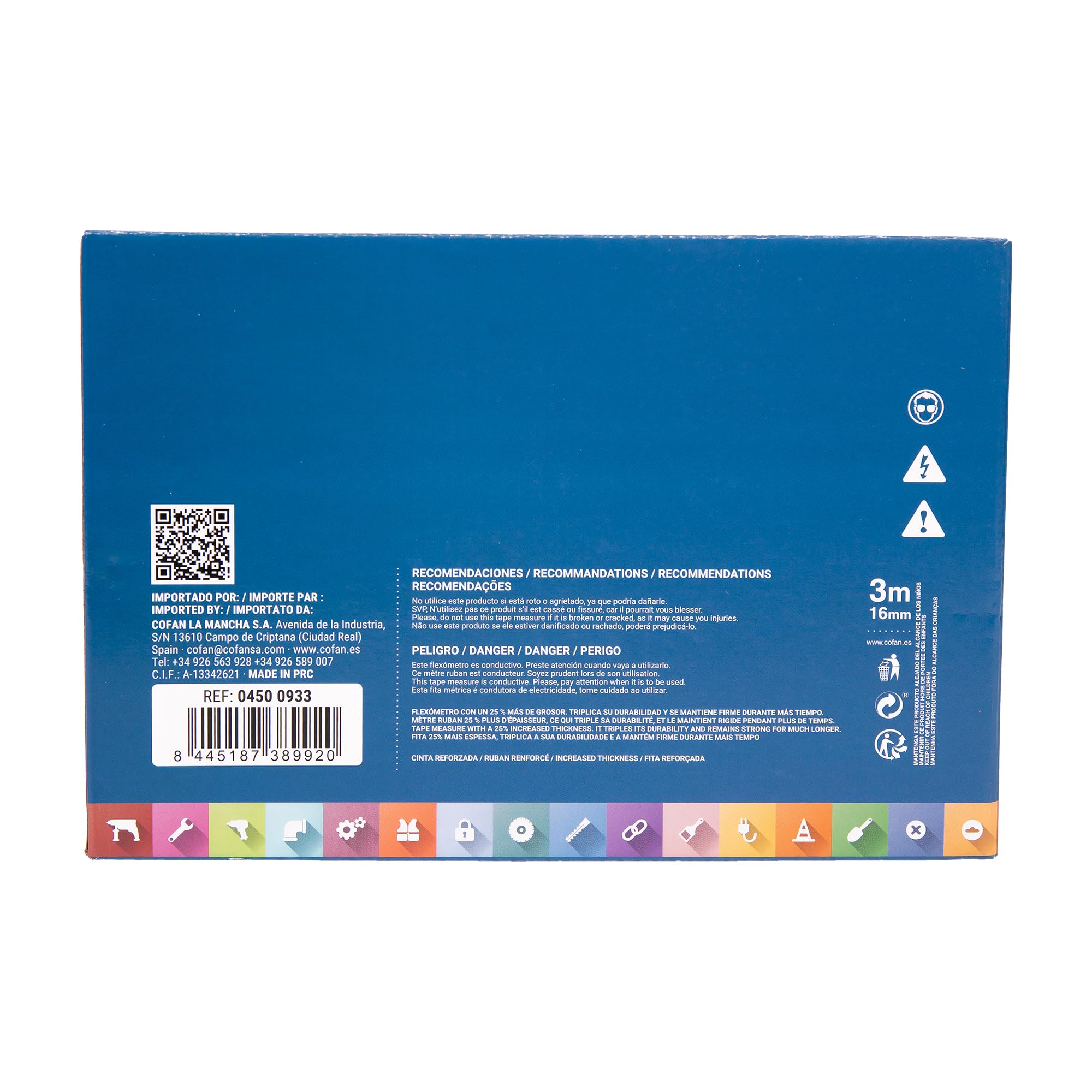 Cofan Espositore per flessometri con protezione in gomma di Cofan | Include 12 flessometri | Flexometro 3 m x 16 mm (foglia) | Misura espositore: 21,8 x 24,5 x 15,3 cm