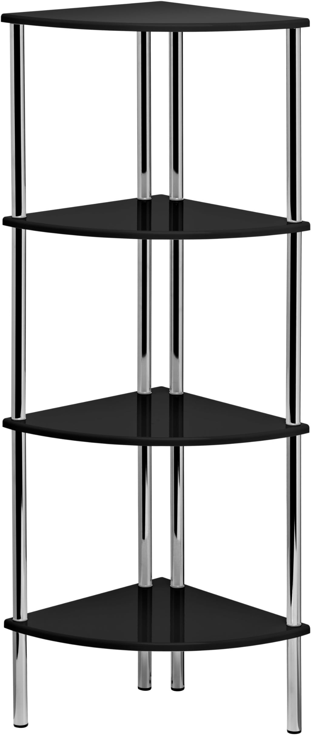 Contemporary Corner Shelf Unit, 4 Tier Black High Gloss, Chrome Finish Legs