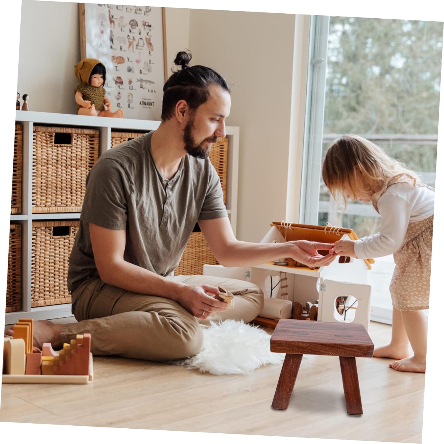 Wooden Step Stool for Boys and Girls Thick Solid Elm Footstool Multi-Purpose Household Stool for Shoe Changing and Dancing Suitable for Boys and Girls Natural Finish