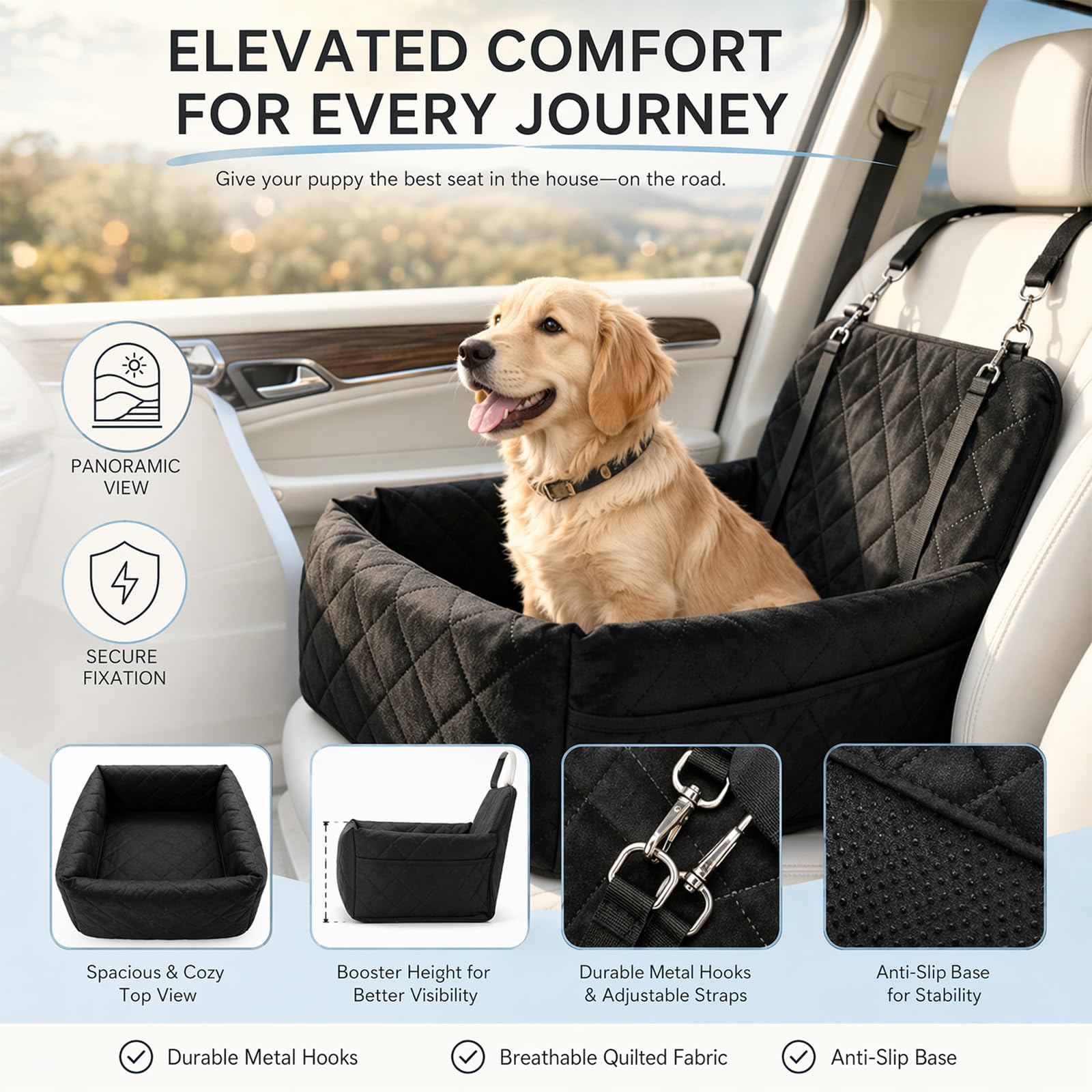 Seggiolino auto per cani, sedile posteriore per cani, con memory foam spessa, sedile sicuro per cani per auto con spessa memory foam, 2 cinture di sicurezza e fodera lavabile