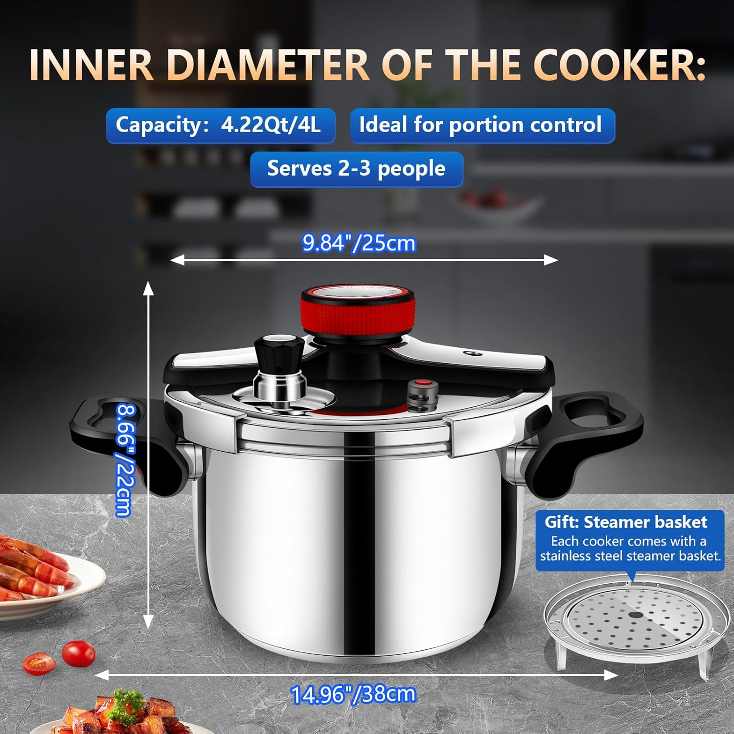 Stainless Steel Pressure Cooker 4 quart Commercial Stove Top Pressure Cooker for canning, One-Hand Locking, Compatible with Gas & Induction, Fast Cooking for small Meals, Dishwasher Safe, mini