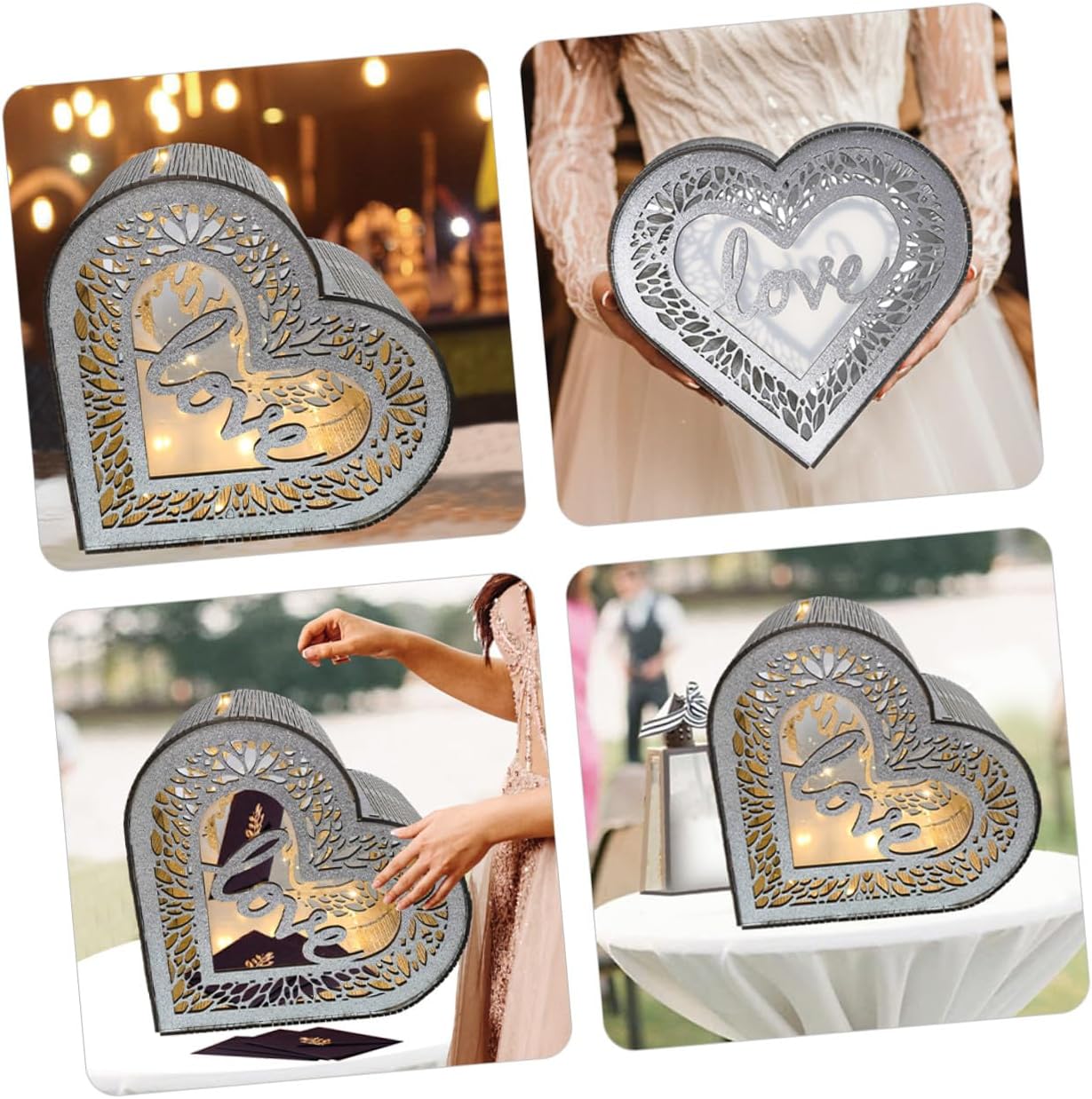 UKCOCO Wooden Heart-shaped Wedding Card Holder Hollow Glitter Greeting Envelope Money Box Portable Storage Box for Birthday Party and Valentine’s Day Decoration