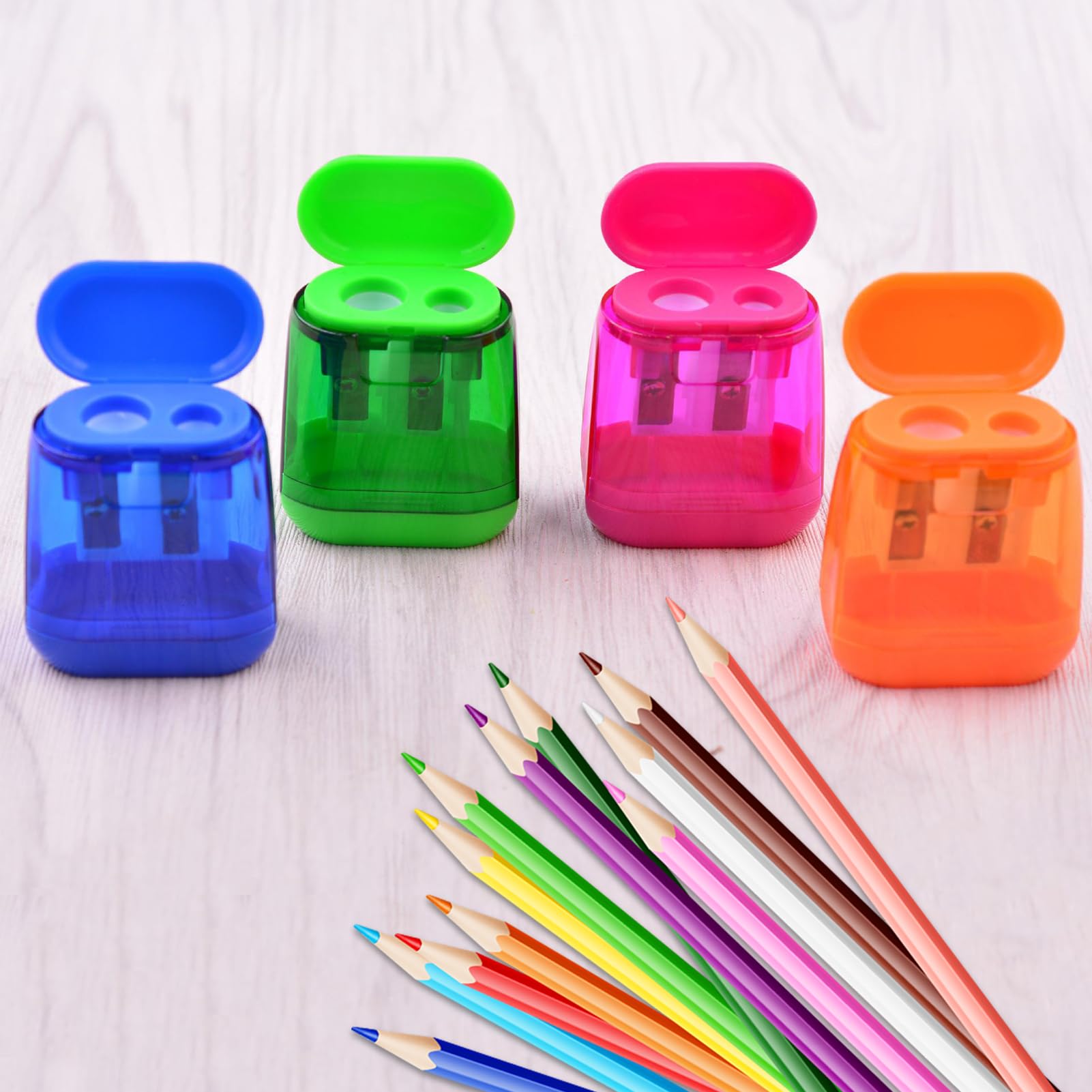 4 Temperamatite Portatili A Doppio Foro Con Contenitore | Colori Assortiti (Rosa, Verde, Blu, Giallo) Per Scuola E Ufficio - 4