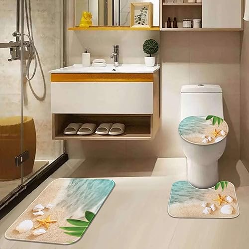 Miniatura 3 de Tayney Juego de 4 cortinas de ducha con cubierta de tapa de inodoro y alfombras antideslizantes, juego de 4 cortinas de ducha con diseño de concha