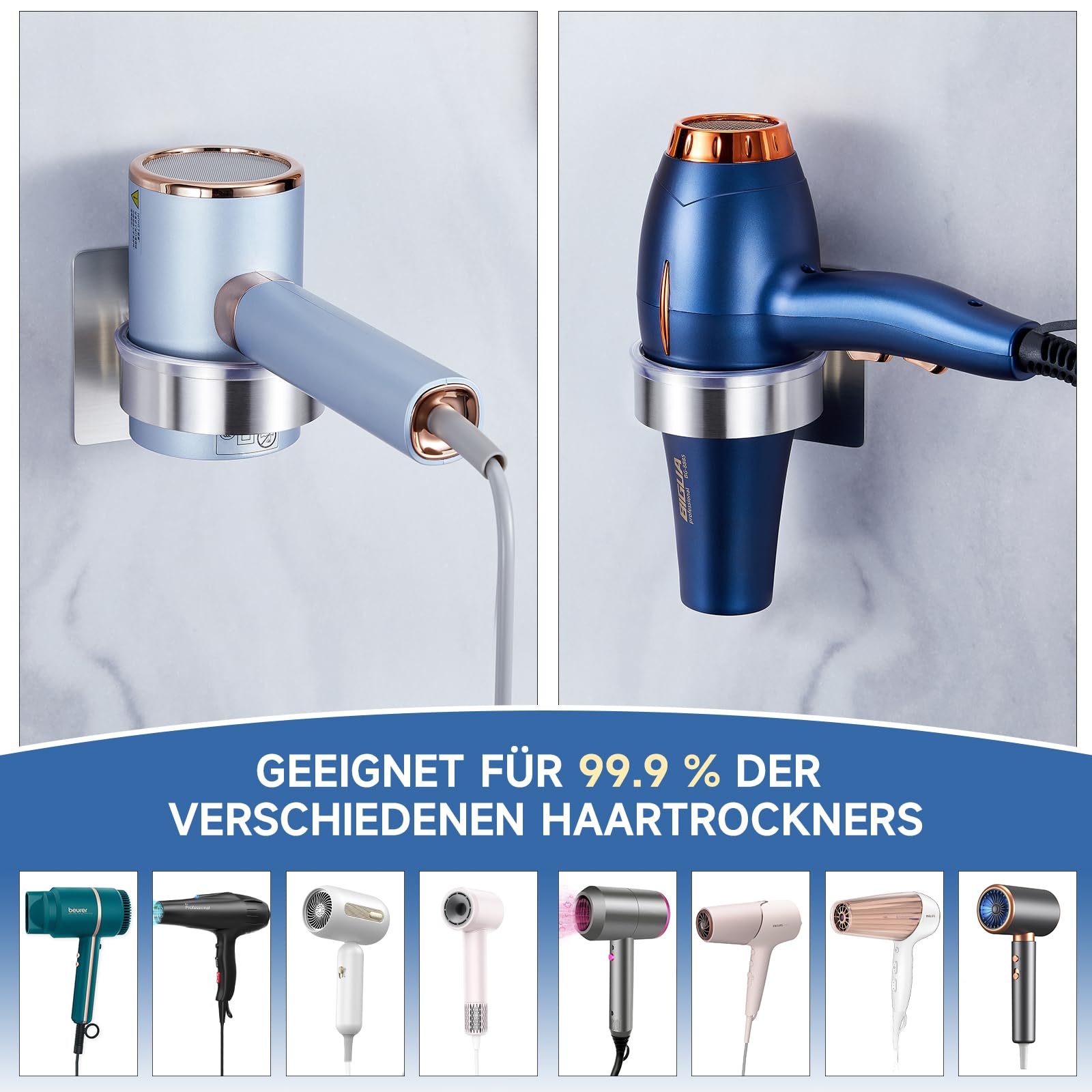 Soporte secador de pelo de acero inoxidable, Porta secador de pelo sin taladro para baño