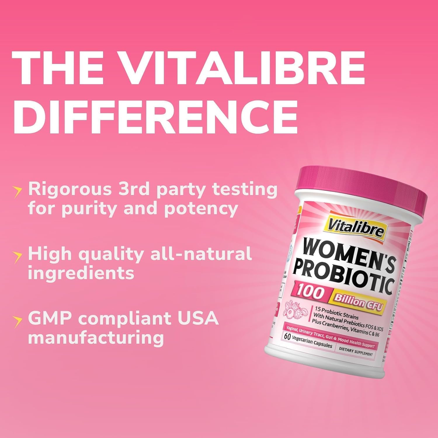 Probiotics for Women 100 Billion CFU 15 Strains, DailyProbiotic & Prebiotic Supplement with Organic Cranberry to SupportVaginal, Digestive, Immune Health, Shelf Stable, 60 Vegan Capsules - Image 9