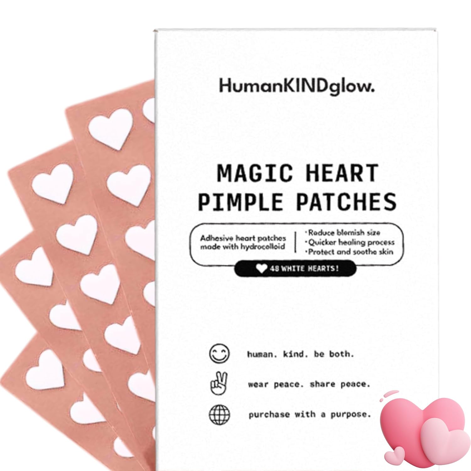 Heart Pimple Patches by HumanKINDglow 48 Hydrocolloid Acne Patches for Face Gentle Spot Treatment for Pimples Blemishes Cute