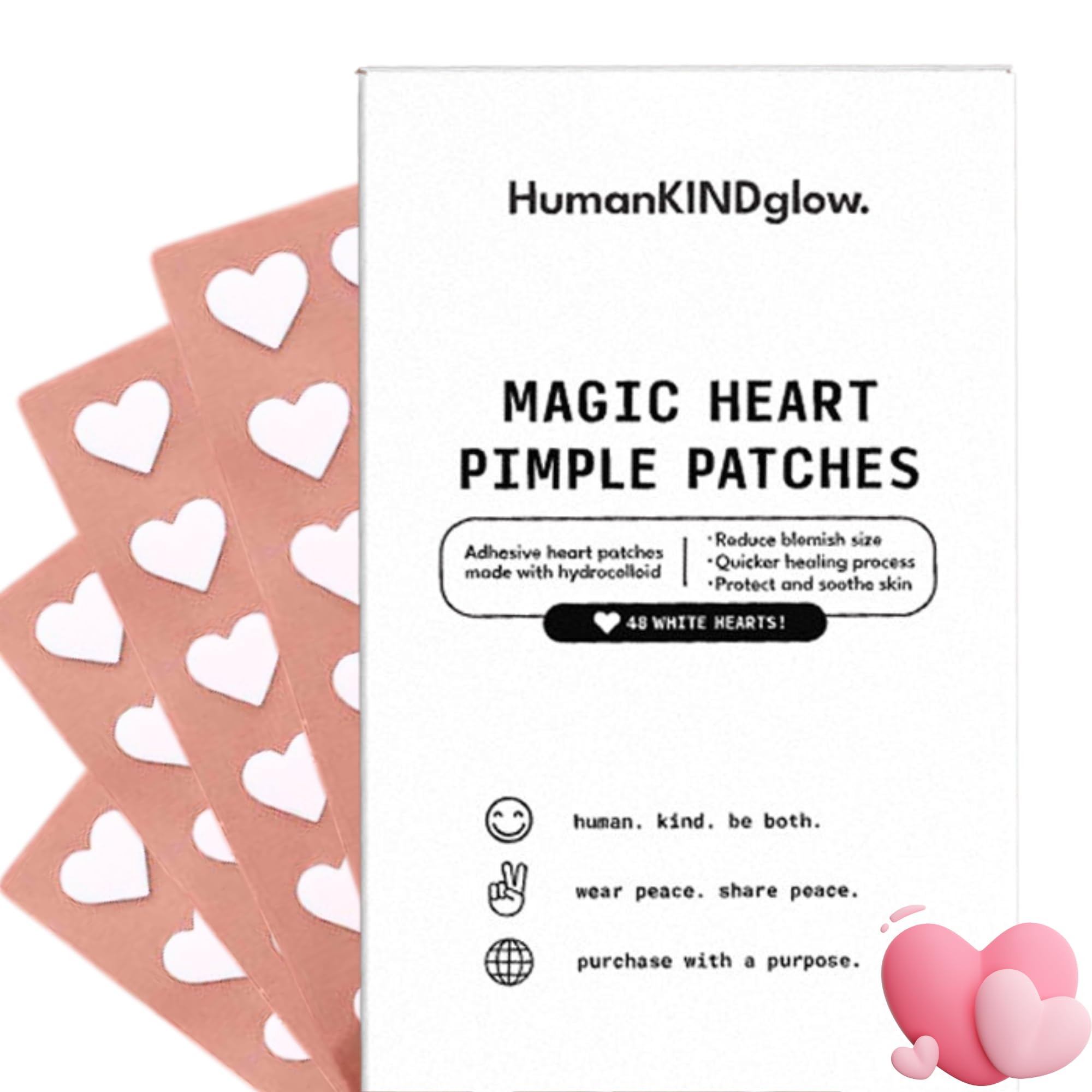 Heart Pimple Patches by HumanKINDglow 48 Hydrocolloid Acne Patches for Face Gentle Spot Treatment for Pimples Blemishes Cute
