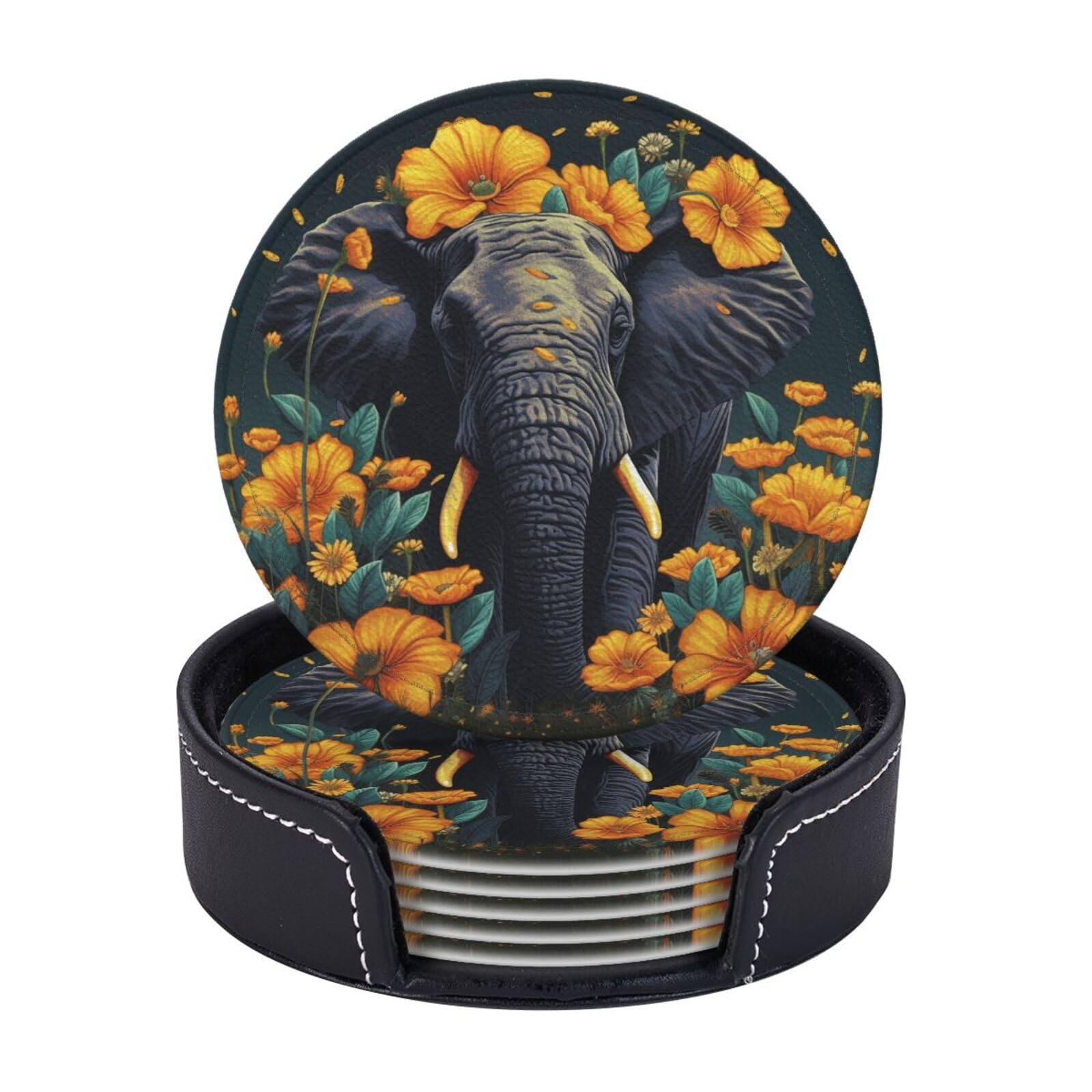 Drink Coasters Set of 6 Coffee Leather Coaster with Holder Elephant and Sunflower Coasters for Drinks Coffee Cup Mat Heat Resistant Tabletop Protection Coaster Desk Accessorie Home Decorative