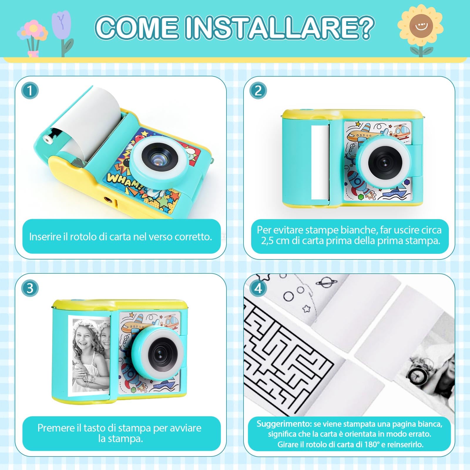 Macchina Fotografica Bambini Istantanea,Schermo IPS 2,4" Modalità Selfie e Video, 32 GB + 3 Rotoli di Carta Fotografica, Giocattolo Regalo per Natale/Compleanno Ragazze Ragazzi 3-14 Anni (Blu)