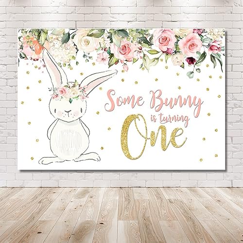 Miniatura 6 de MEHOFOTO - Telón de fondo para fiesta de cumpleaños de 10 x 7 pies, diseño floral rosa con purpurina dorada, conejito con texto en inglés "Some
