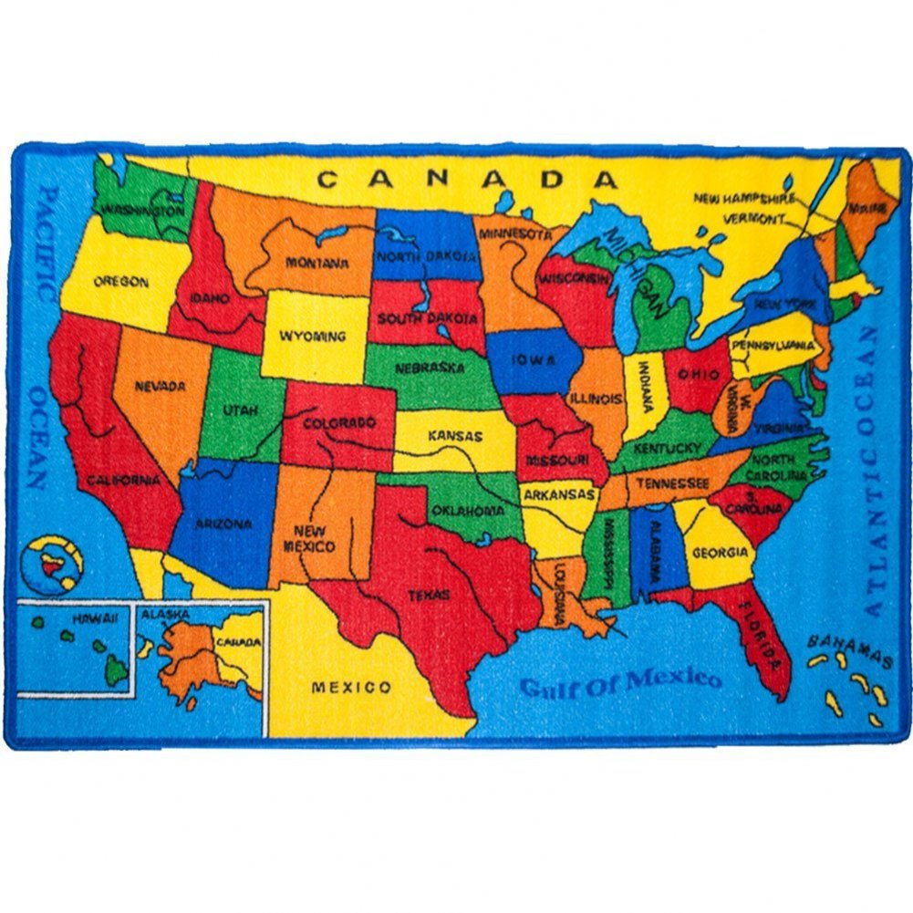 Mybecca Kids Rug USA Map Area Rug 5x7 (Approx : 4'11" X 6' 10") Non Slip Gel Backing