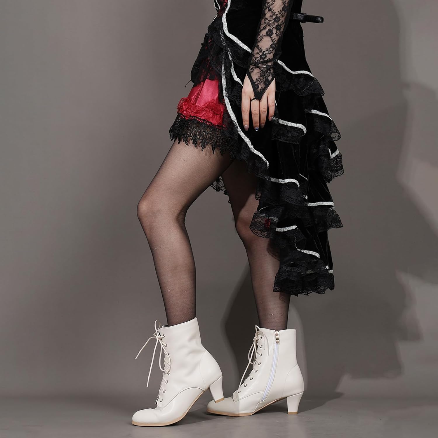 Cozivwaiy Women Vintage Victorian Boots 70s Lace up Ankle Boots Mid Heel Witch Granny Booties Costume Shoes Cone Heel Zipper Almond Toe - Image 3