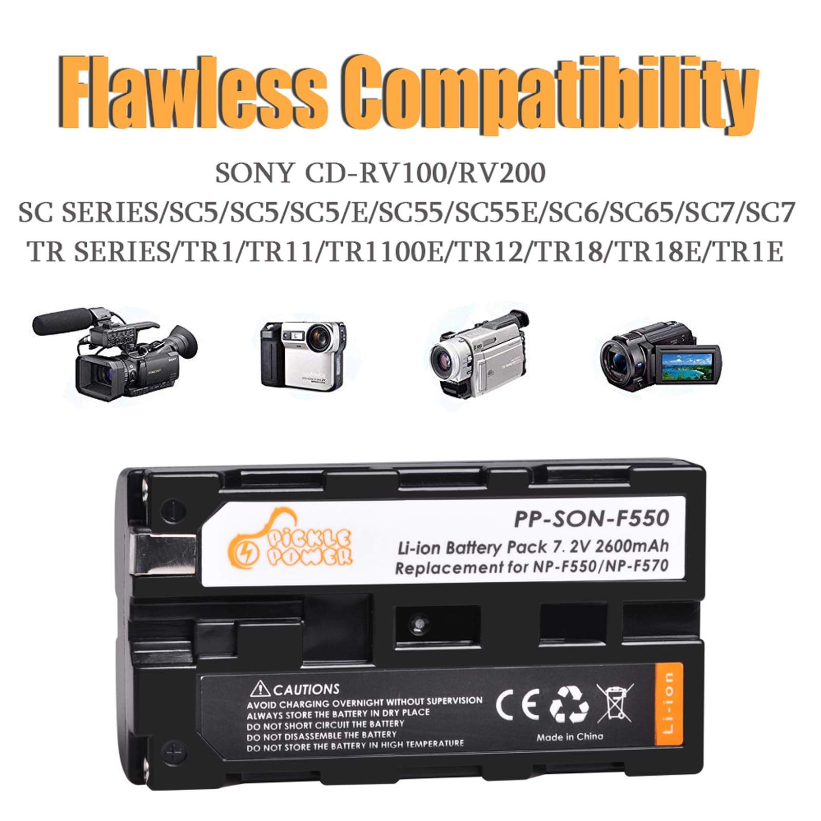 Pickle Power NP-F550 Batterie LED Chargeur Kit 2 * 2600mAh Batterie pour Sony NP F750, F770, F570, F550, F530, F330, F950, F960, F970, CCD-SC55,TR516, TR716, TR818, TR910, TR917