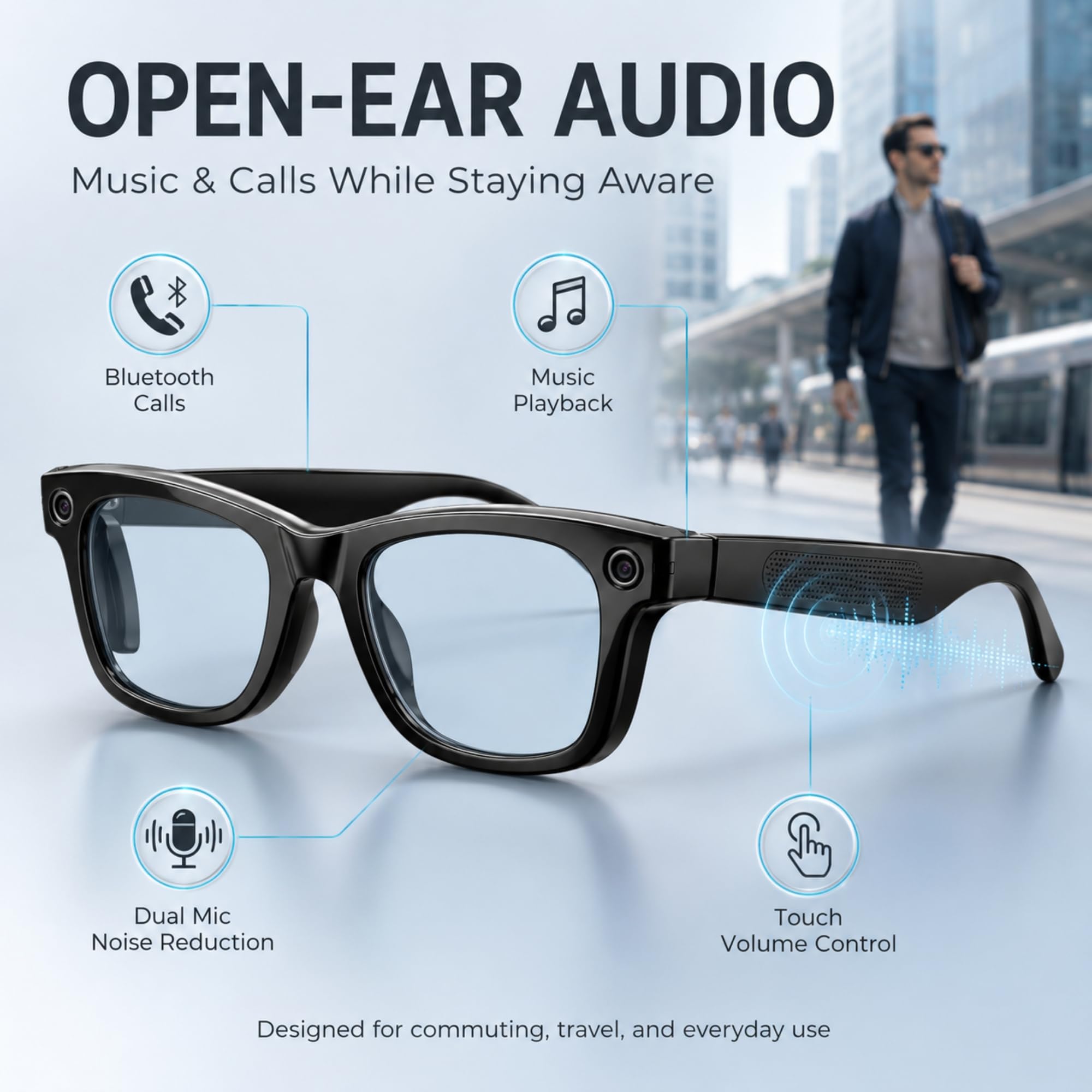 W-Direct Smart AI Camera Occhiali con 8MP HD Video (Anti Luce Blu) - Bluetooth 5.3 Open Ear Audio & Trasferimento WiFi - Occhiali da sole intelligenti indossabili mani libere