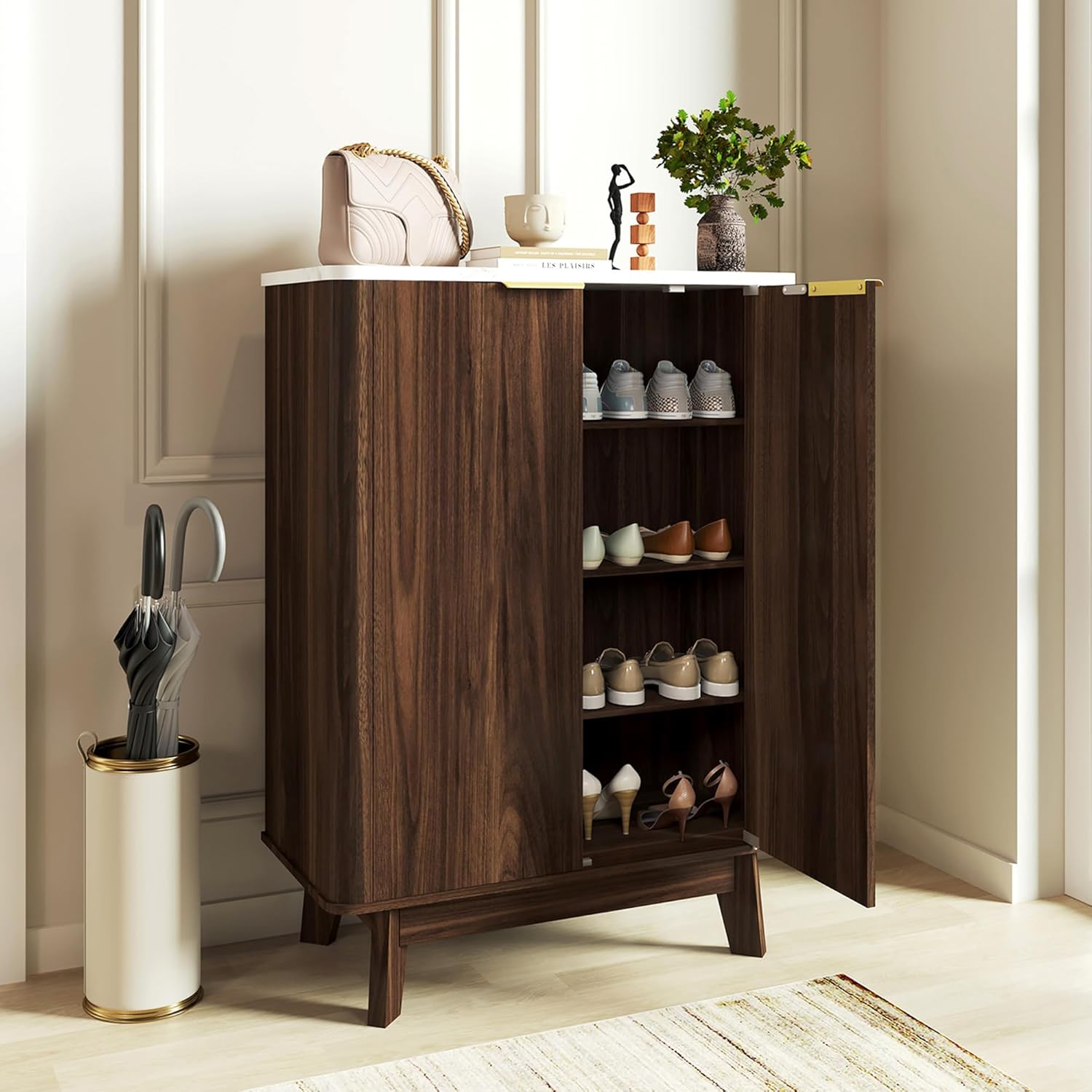 Shoe Cabinet with Doors, Shoe Storage Cabinet with Adjustable Shelves, Modern Entryway Cabinet, Wooden Shoes Rack, Marble Panel, Shoes Organizer Storage for Living Room, Walnut