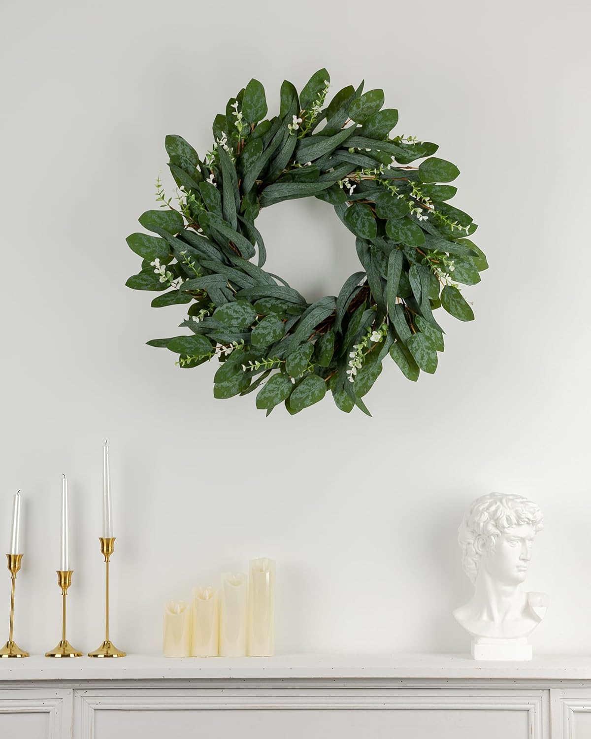 24" Spring Wreaths for Front Door Artificial Green Long Assorted Eucalyptus Leaves, White Berries & Grapevine Base, Handmade for All Seasons Outdoor Porch Window Minimalist Decorate