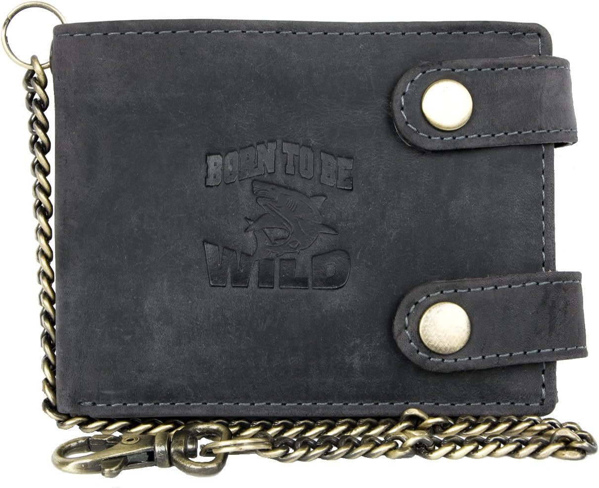 Born to be wild Men's Horizontal Grey Genuine Leather Wallet with Metal Chain with Shark