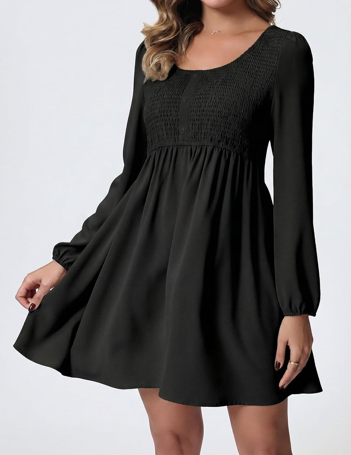 2025 Women's High Waist A-Line Mini Dress Casual Smocked Crew Neck Button-Front Long Sleeve - Image 4