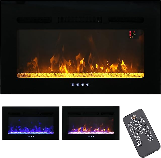 Electric Fireplace, ALPHA CAMP Electric Fire Heating Insert, Electric Stove Fire Heater Wall Built-in and Hung on with Remote Control, 3 LED Color 4 Flame Effect with Crystal, Black (30")