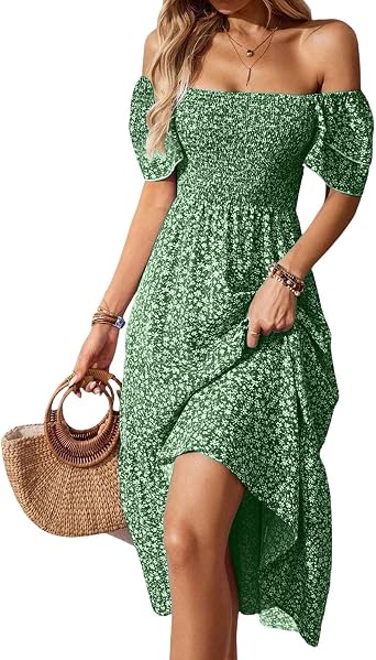 Off the Shoulder Maxi Dress for Women Smocked Ditsy Floral Midi Dress Cottagecore Italian Sundresses with Sleeve