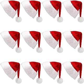 SATINIOR 12 Pack Plush Santa Hat Red Christmas Santa Hat for Xmas Party Favors for Women Men Adults