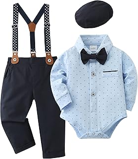 SANMIO Baby,Clothing,Baby Boys 0-24m,Outfits & Clothing Sets SANMIO Baby Boy Clothes, 4pcs Gentlemen Romper Outfits + Suspender Pants + Beret Hat + Bowtie, Wedding Christening Formal Suit 3-24 Months