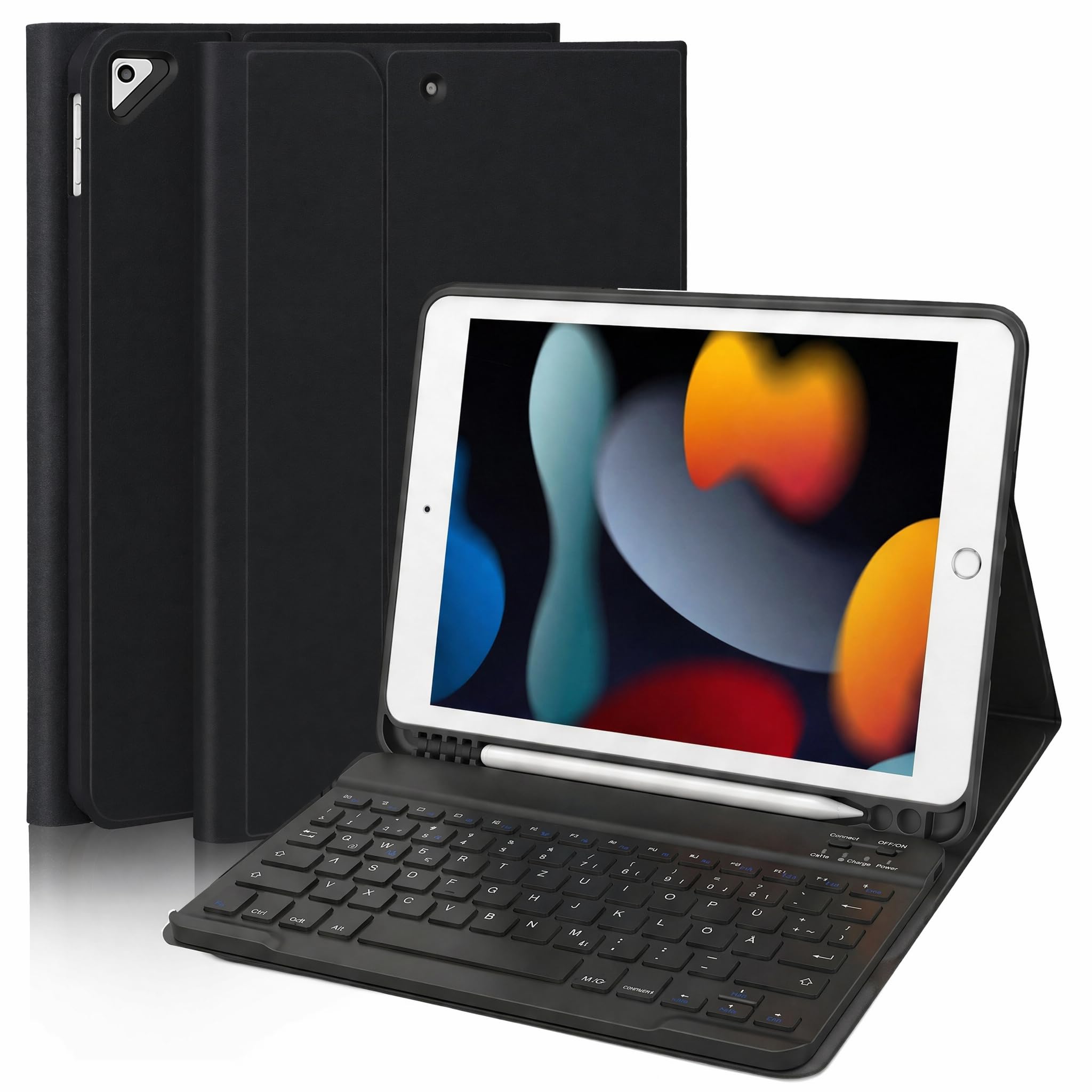Funda con teclado para iPad de 9ª generación, color negro | QWERTZ, teclado Bluetooth desmontable magnético, carcasa trasera de TPU suave con soporte para bolígrafo