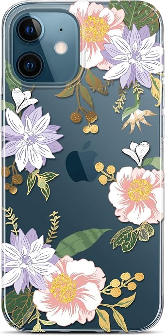 BAISRKE iPhone 12 Mini Case,with Flowers,for Girly Women,Shockproof Clear Floral Pattern Hard Back Cover for Phone 5.4 inch 2020 - Mauve Floral