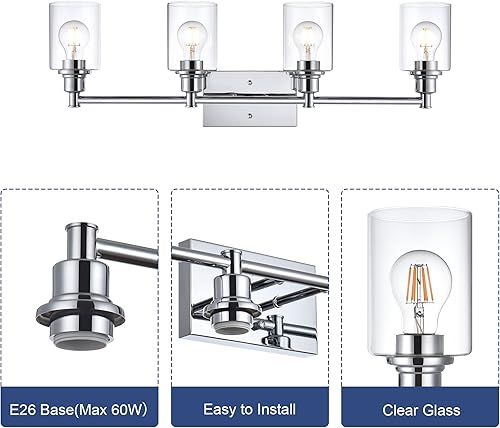 Miniatura 5 de 4 luces de tocador de baño, modernas lámparas de pared cromadas con pantallas de vidrio transparente, accesorios industriales de tocador para cocina