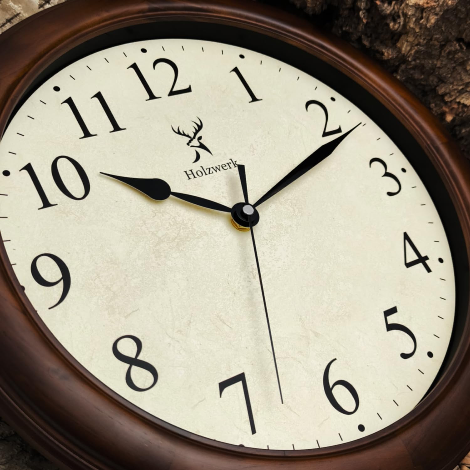 Holzwerk Natur Vintage Retro Holz Wanduhr Holz-Uhr laufleises Uhrwerk ohne Tickgeräusche Braun nahezu lautlos aus handgefertigtem Massivholz Natur 14 Zoll 35cm (HWN.Braun)