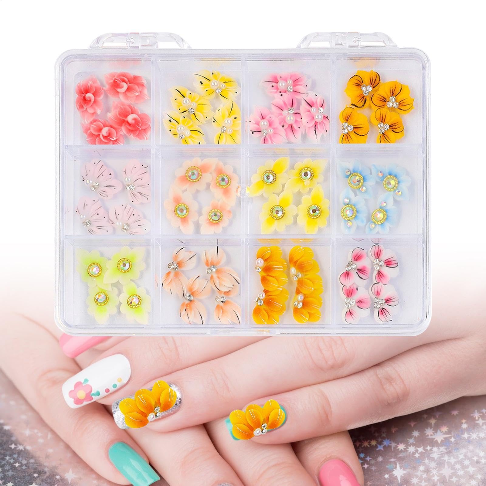 Fleur pour les ongles, fleurs Nail Charm | Autocollant artistique pour conseils de manucure 48X | Fleur de simulation d'ongle sculptée à la main avec boîte transparente pour boîte de téléphone portabl