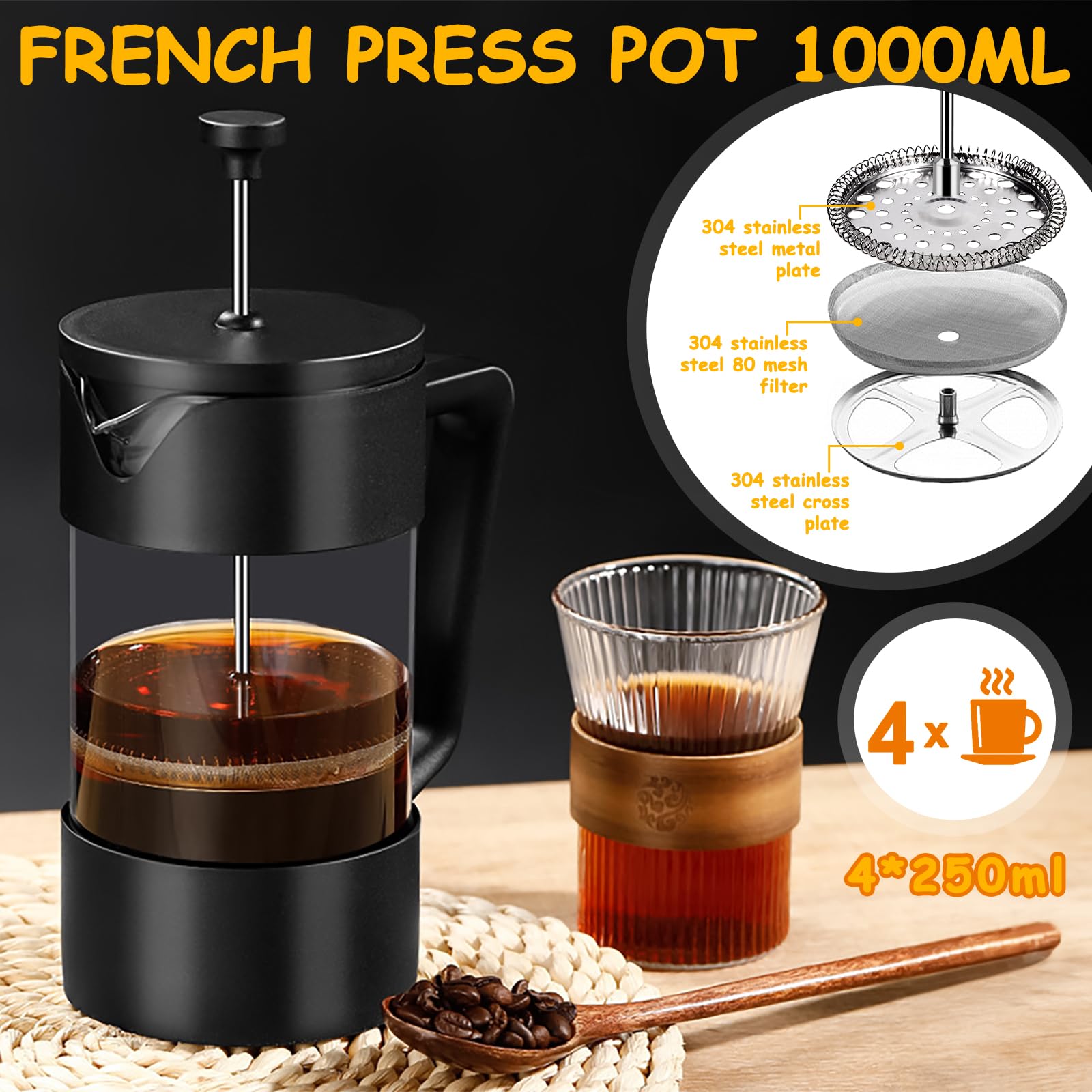 Cafetière à Piston, French Press 1000 ml (5 Tasses),Carafe Française pour Café Filtre,verre borosilicate résistant à la chaleur, Triple Filtres en acier inoxydable,Cafetière/théière (Noir)