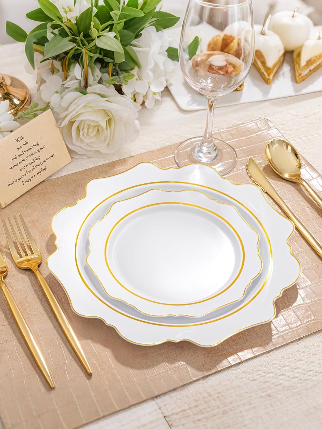 WDF 100PCS White and Gold Plastic Plates - Gold Disposable Plates - Include 50 Dinner & 50 Dessert Plate for Party - Heavy Duty Fancy Plastic Plate for Wedding/Thanksgiving/Bridal shower - Image 6