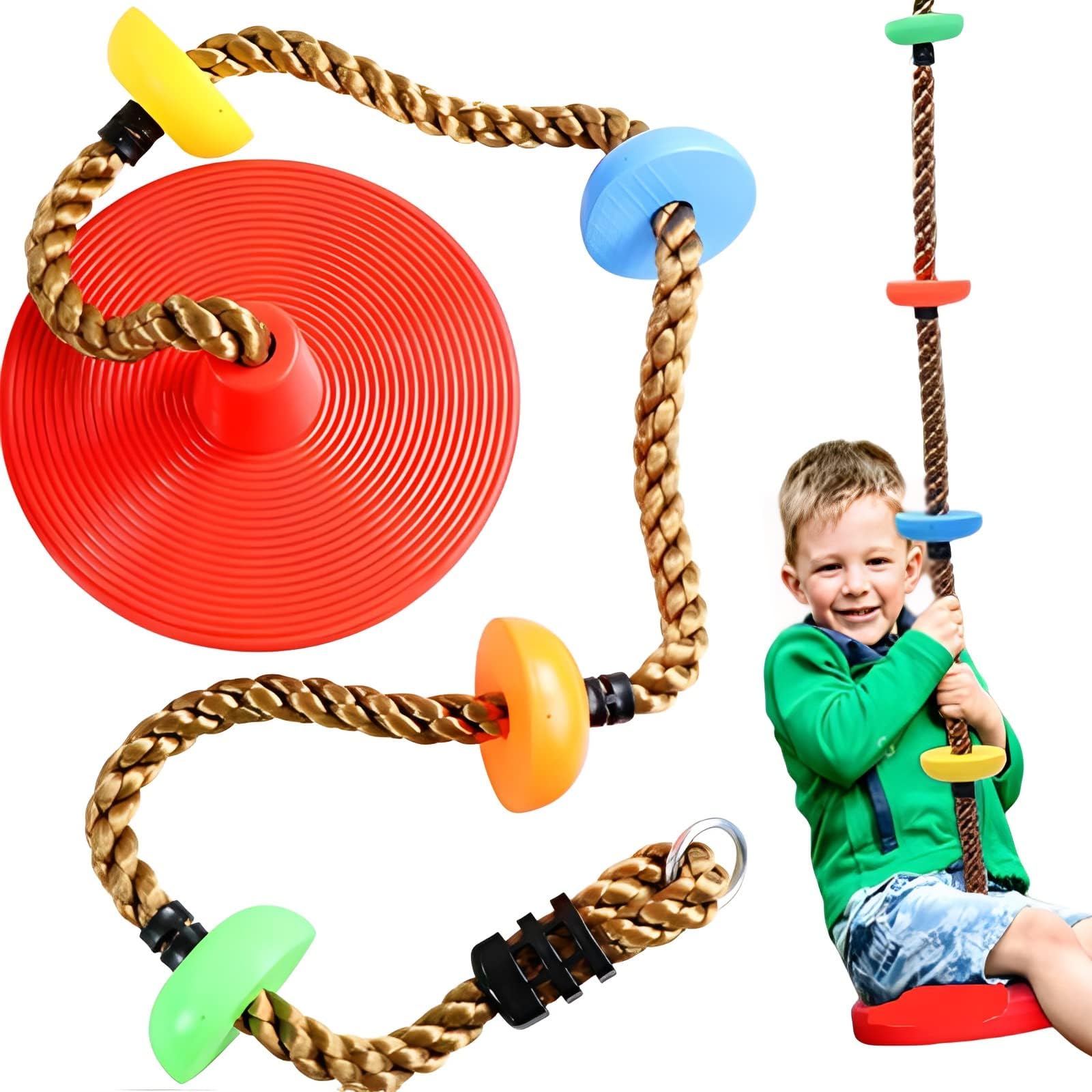 Beauenty Adjustable Swing Toys Climbing Rope Tree Swing Set,Swing Seat With Platform And Disc And Rainbow Climbing Rope, Outdoor Playground -Red