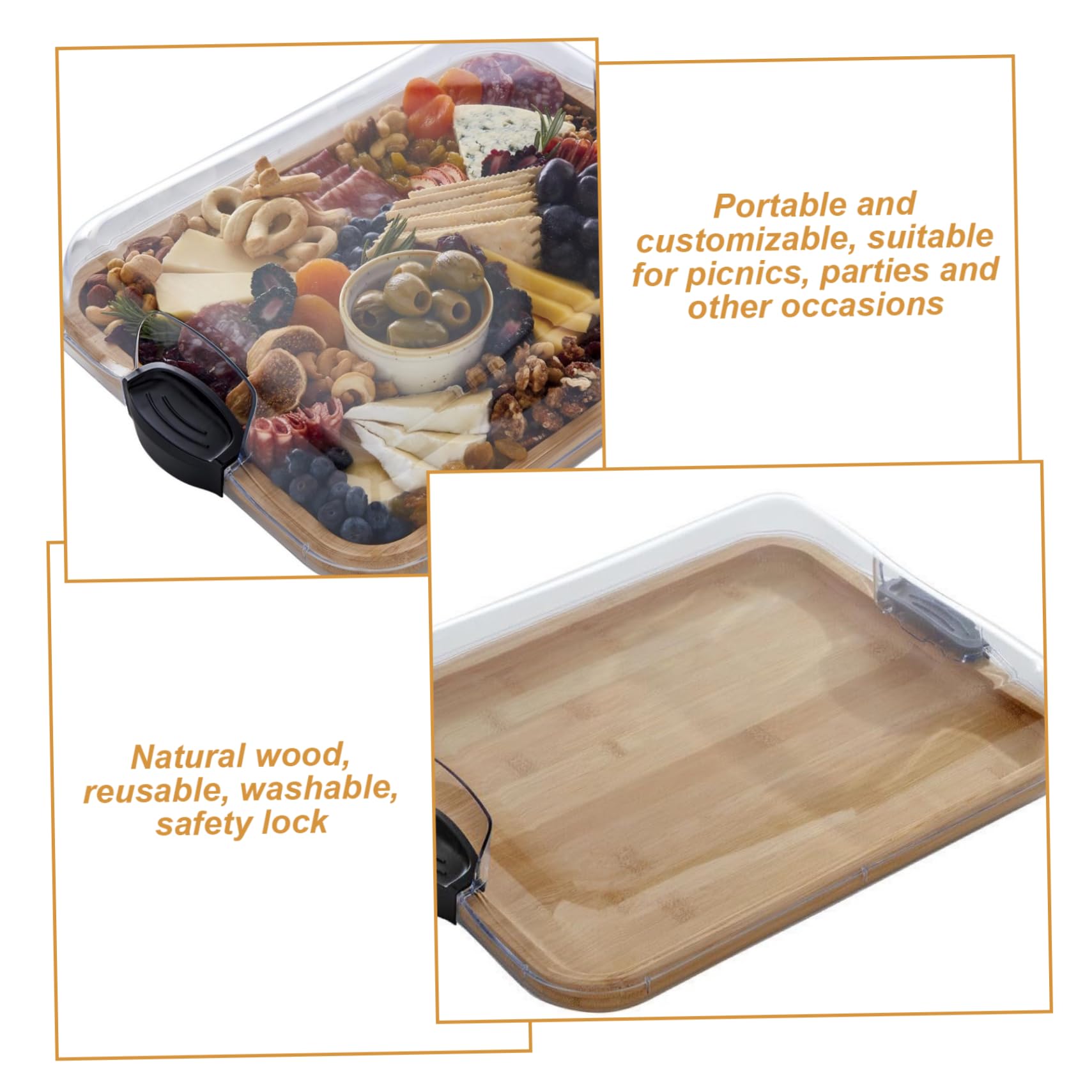 Tablero de charcuterie con tapa, 15x11.3 pulgadas 2 en 1 tablero de corte de bambú con tapa y manijas de bloqueo transparentes, bandeja de madera para bocadillos y queso servidor
