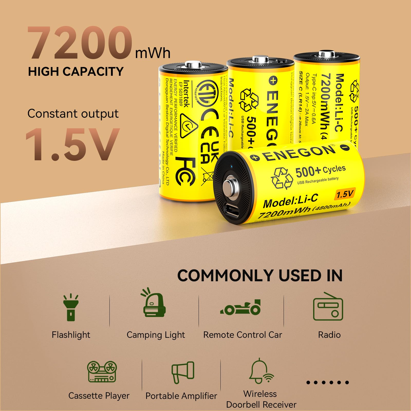 ENEGON 4 Batterie Ricaricabili al Litio C/LR14, 1,5 V 7200mWh, con Cavo di Ricarica Rapida USB-C, Compatibili con Lettori CD, Radio, Torce Elettriche, Luci di Emergenza e Giocattoli per Bambini