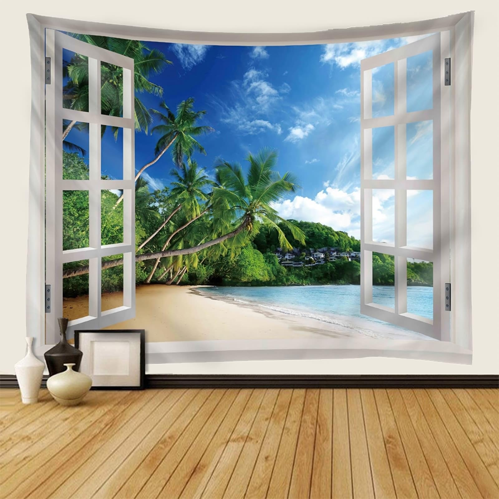 Tapiz natural para colgar en la pared de poliéster, marco de ventana verde y blanco y palmera, paisaje de playa, 240 x 220 cm