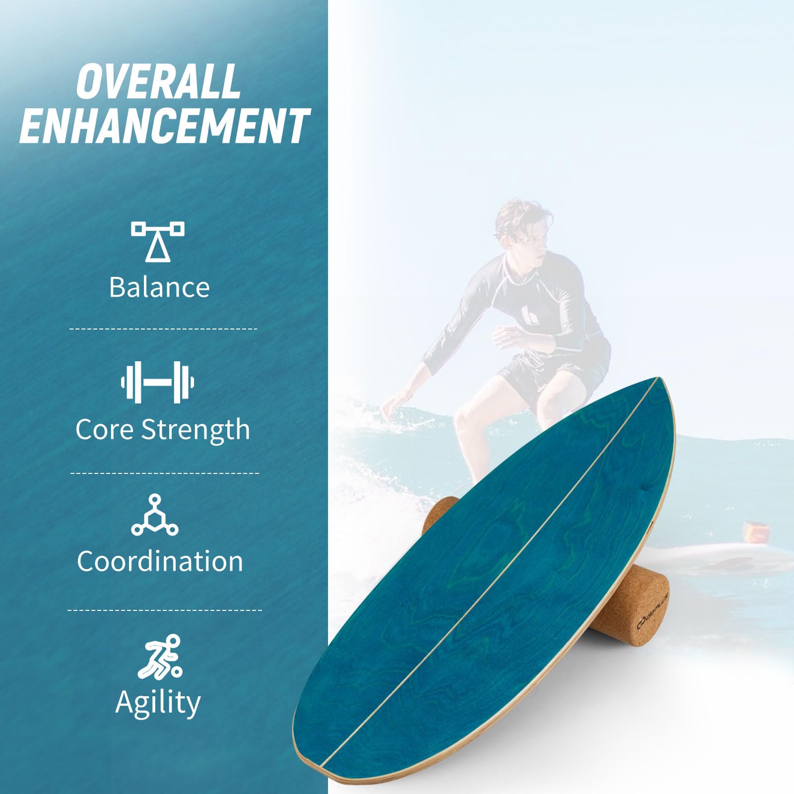 FANTASK Balance Board aus Birkenholz, FSC-zertifiziertes Wackelbrett mit Korkrolle & Halterung, Gleichgewichtstrainer für Erwachsene, Surfboard indoor, 150 kg Belastbar