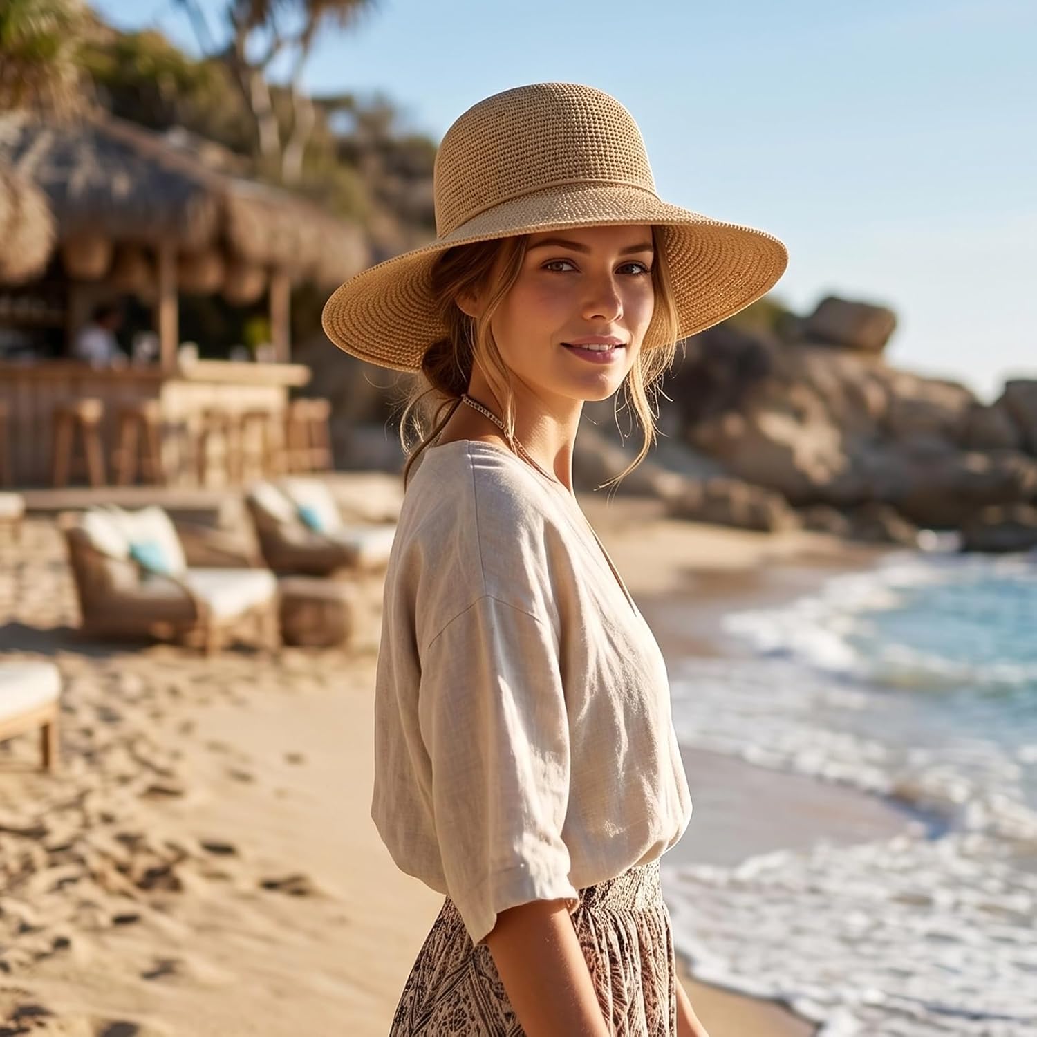 Elegant Wide Brim Straw Hat for Women Handwoven Foldable Sun Hat for Beach, Summer Vacation, Garden Party and Travel