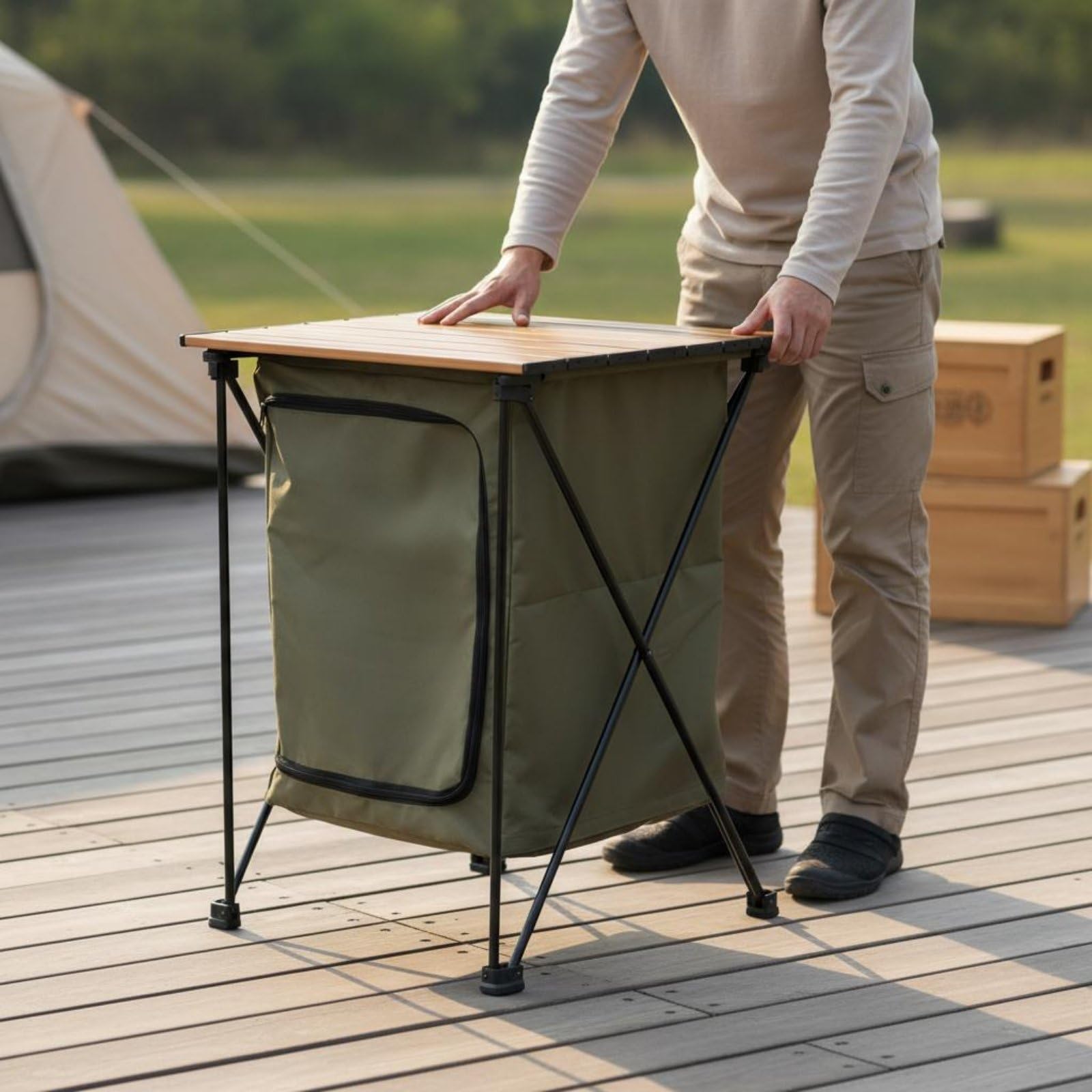 Armoire de Rangement Portable Table de Cuisine Pliable de Camping en Aluminium Pratique à Transporter pour le Rangement d'Ustensile Plein Air Pique-nique Séjour, Vert Armée