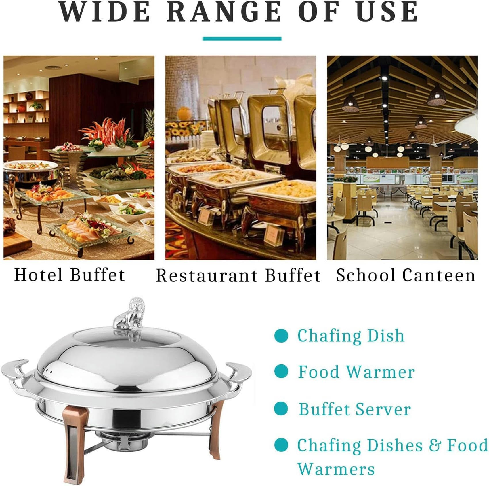Chafing Dish rotondo di dimensioni standard, set di contenitori riscaldanti per buffet in acciaio inossidabile, con teglia per alimenti, coperchio e contenitore per combustibile, per catering, feste e