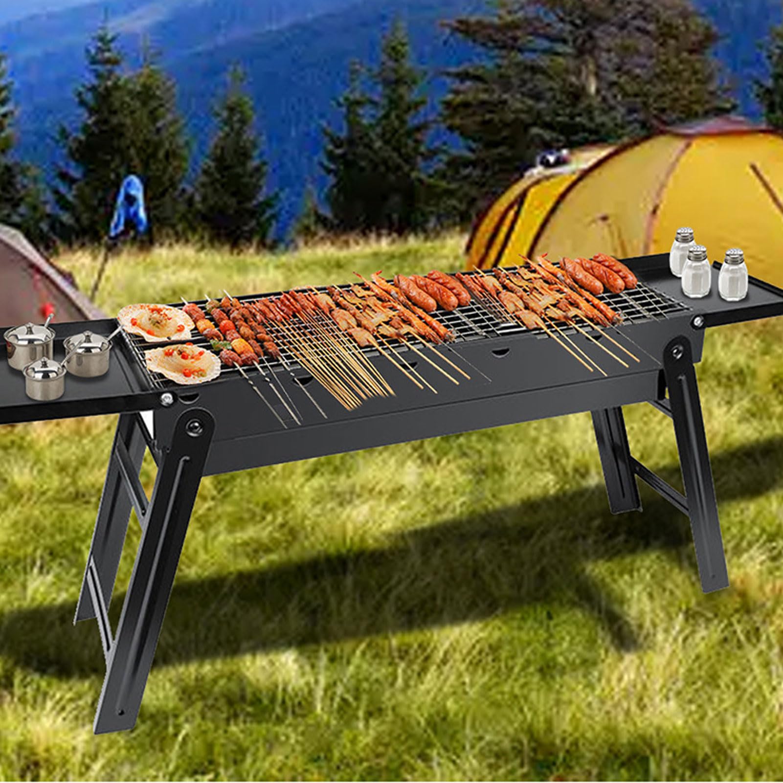 Przenośny Grill Węglowy, Składany Grill Węglowy ze Stali Nierdzewnej Dobra przewodność Cieplna Wielofunkcyjny Notatnik Grill Węglowy na Kemping Pikniki Imprezy Ogród Plaża