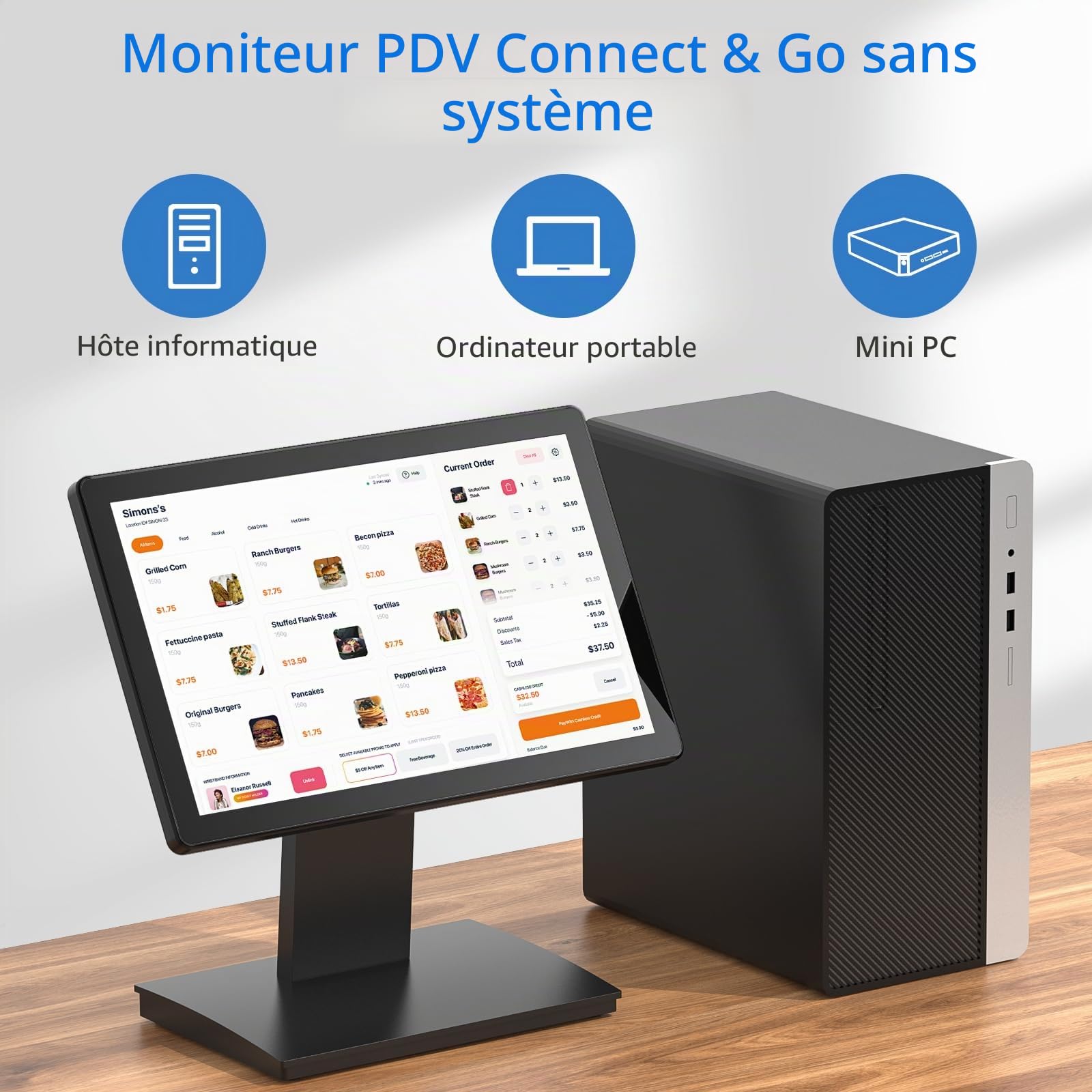 Moniteur de Point de Vente à écran Tactile de 15,6", écran IPS FHD 1920 × 1080, Tactile capacitif à 10 Points, avec entrée HDMI/VGA, Support en métal Robuste pour Restaurant, Bar, Salle de
