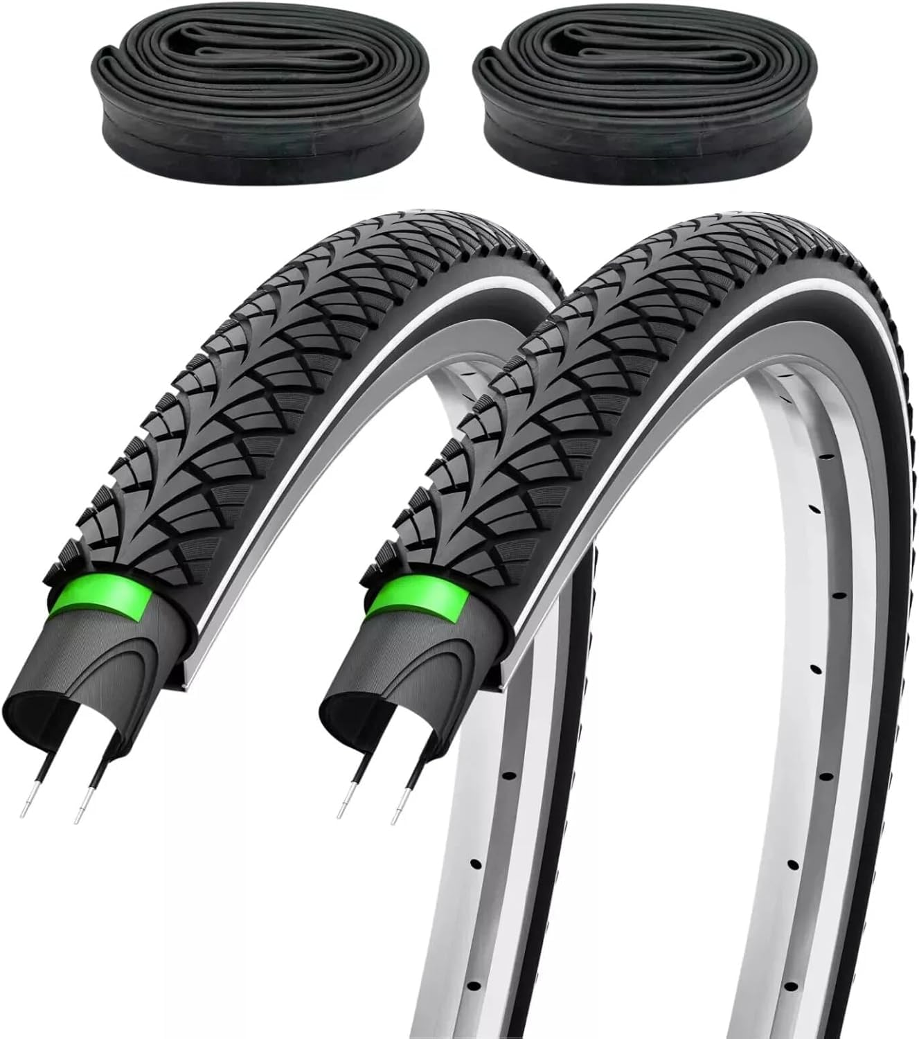 2er Set Fahrradreifen 28x1,75 Zoll 47-622 700x45c 3mm Pannenschutz mit Reflexstreifen - wählbar mit Schläuchen Autoventil Fahrradventil französisches Ventil – Trekkingreifen Citybike
