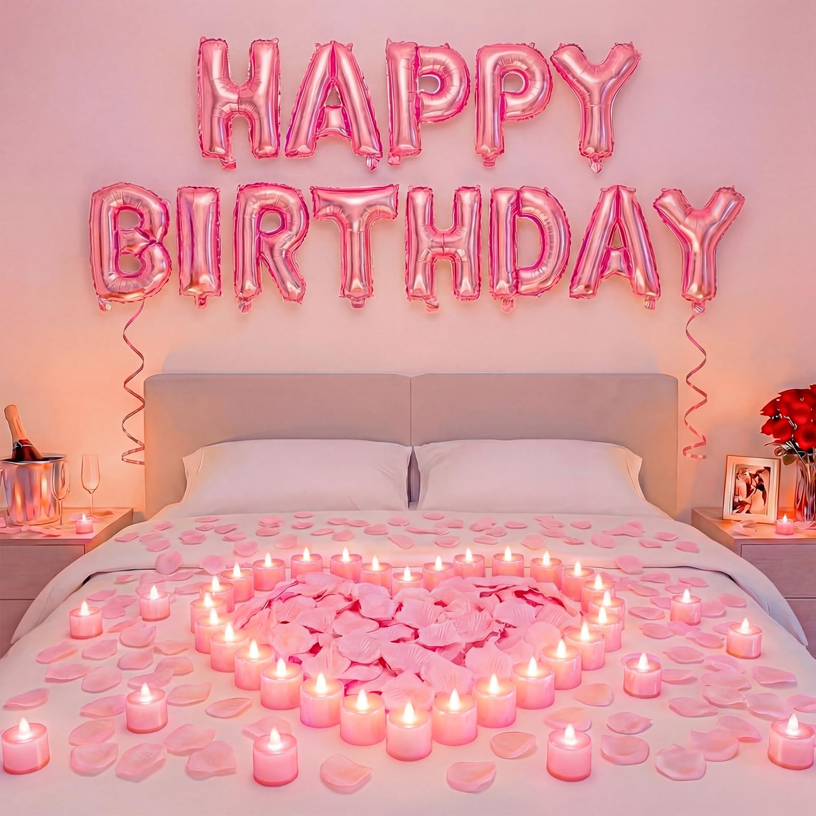 Juego de pancarta de globos de feliz cumpleaños rosa claro de 16 pulgadas con 24 luces LED y 2000 pétalos de rosa rosa para niños y adultos, decoraciones de cumpleaños, suministros de fiesta