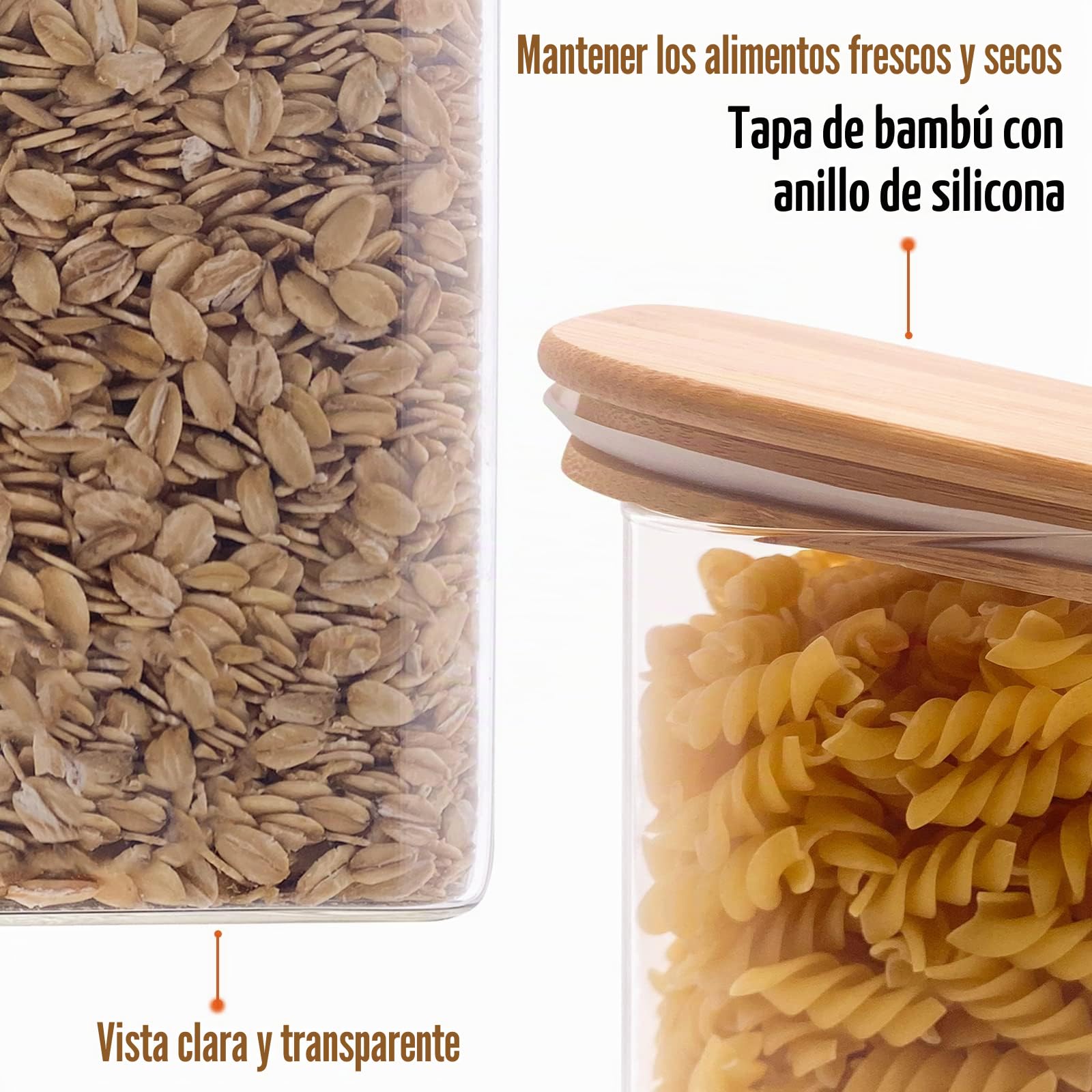 Withosent Juego de 6 tarros de cristal de 750 ml/1150 ml/1500 ml con tapa, rectangulares, grandes recipientes de cristal con tapa de madera, almacenamiento de tarros de cocina para pasta, cereales,