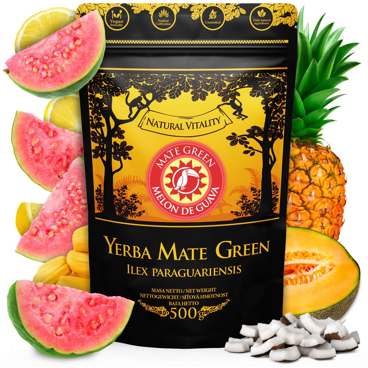 Yerba Mate Tea Starter Set with Mate Green Fuerte 400 g, Ceramic Mate Tea Cup Marmol 350 ml, Brazilian Mate Tea with Herbs, Stainless Steel Drinking Straw Bombilla Liza and Cork Pad